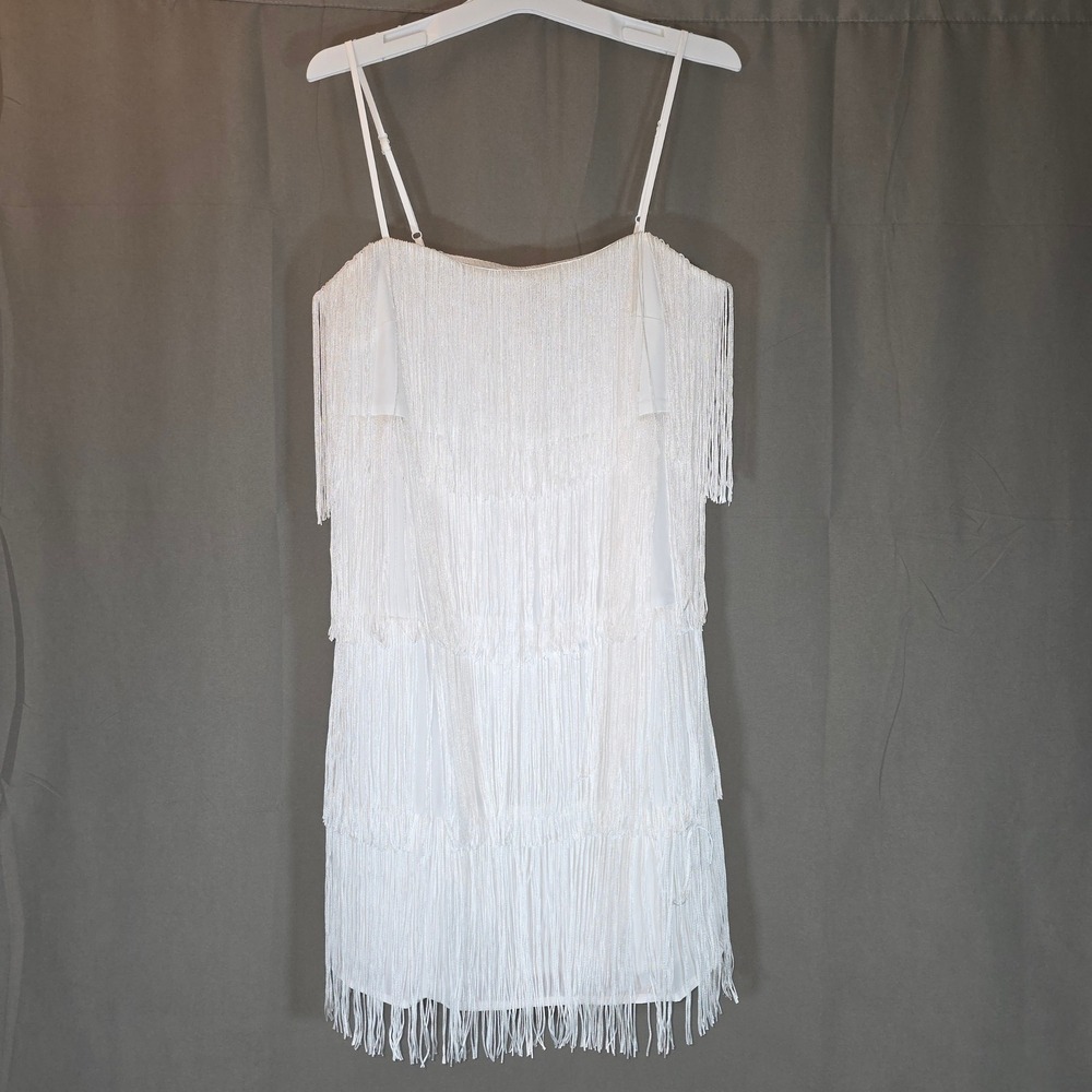 A New Day Womens White Fringe Tiered Mini Dress XS 71GM17 Sleeveless Tassel Cami